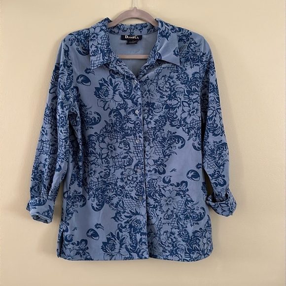 Denim & Co. Signature Roll Tab Sleeve Button Front Tunic Lined Floral Relaxed - Picture 1 of 7